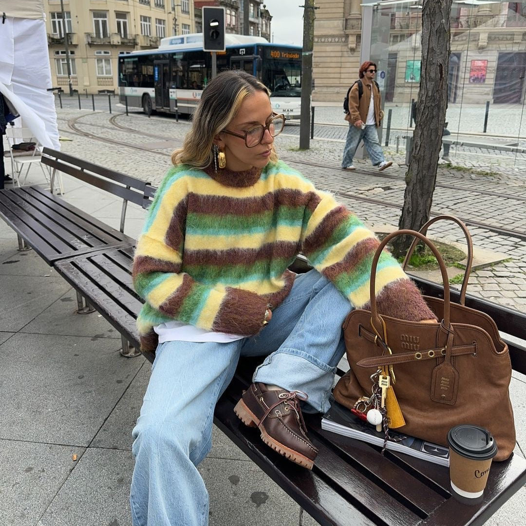 Fuzzy Striped Knit Sweater